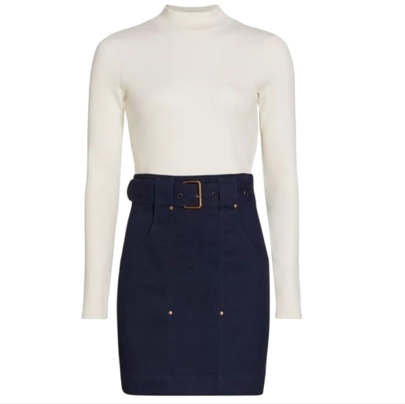 NWT $368 Veronica Beard Morrissey Contrast Belted Mini Dress White/Navy Size M - Picture 2 of 13